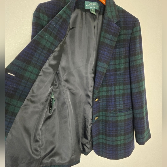 Vintage Ralph Lauren Tartan Plaid Wool Cashmere Check Blazer Green Navy Size 8P - Picture 10 of 15